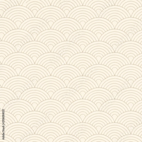 Seigaiha Wave Pattern: A seamless, repeating pattern of traditional Japanese Seigaiha waves, rendered in subtle cream and beige tones, evoking a sense of calm and continuity.