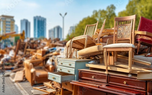 Large pile of old wooden furniture and household items on street for disposal