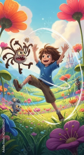 Vibrant illustration of a joyful young girl playing outdoors with a whimsical dragonfly character surrounded by colorful flowers and a bright sky capturing the essence of childhood happiness and imagi