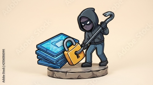 Photos A masked intruder uses a crowbar to pry open a digital padlock protecting a stac