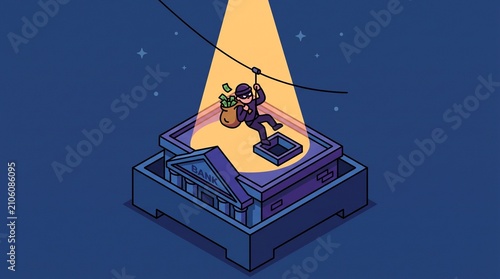 Photos Burglar stealing money from a bank rooftop under a spotlight in an isometric sty
