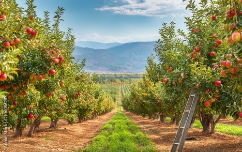 Rows of ripe red fruit hanging on lush green apple trees in orchard with mountain background