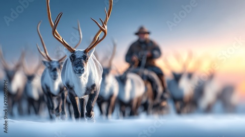 Vivid Arctic Herding Scene in Lapland with Reindeer and Herder at Dusk