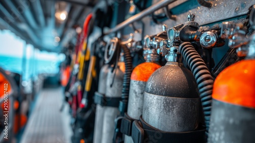 Industrial scuba diving oxygen tank equipment ready for underwater use