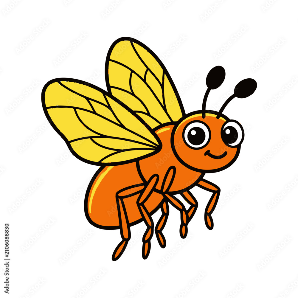 Fototapeta premium Cute cartoon bee vector illustration, orange and yellow insect character with big eyes. Honeybee mascot clipart for kids design