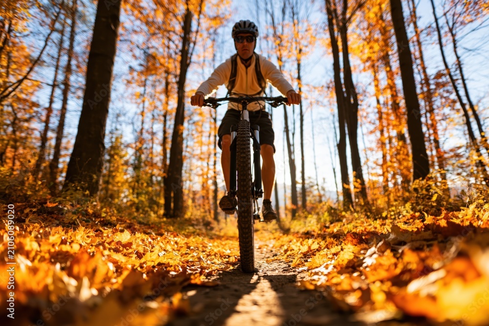 Fototapeta premium Biking on a forest path during autumn while cycling on a mountain sport outdoors