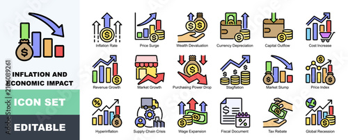 Bild auf Leinwand Inflation Icon Pack Featuring Inflation Rate, Price Surge, Wealth Devaluation, C
