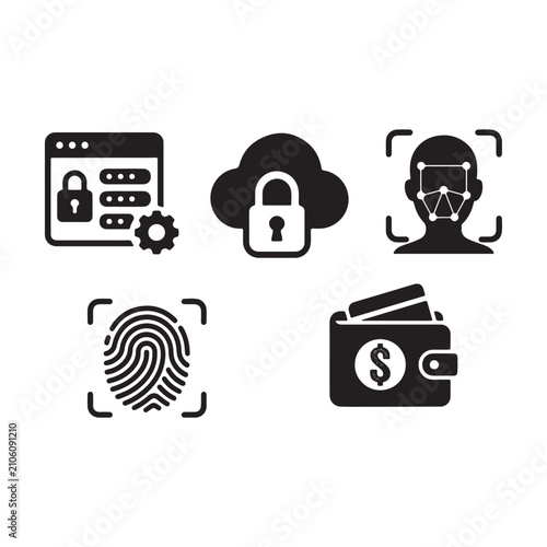 Cybersecurity Silhouette Vector Icon Set, Password Security, Cloud Lock, Face Recognition, Fingerprint and Digital Wallet Collection.
