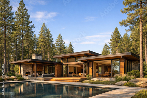 A contemporary glass and wood house features a large swimming pool and patio area nestled among tall pine trees under a clear blue sky.