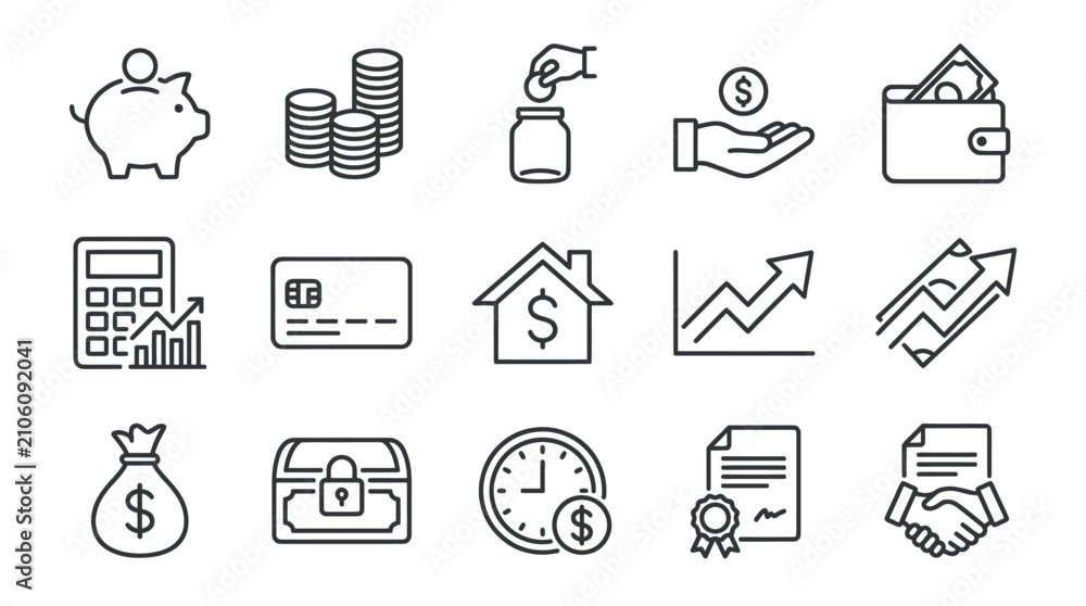 Fototapeta premium Finance business banking and investment outline icons