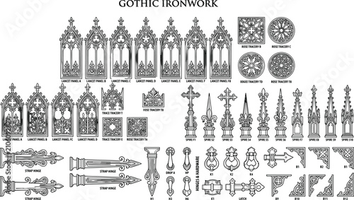 Εκτύπωση καμβά Gothic ironwork vector set featuring vintage architectural elements, medieval tr