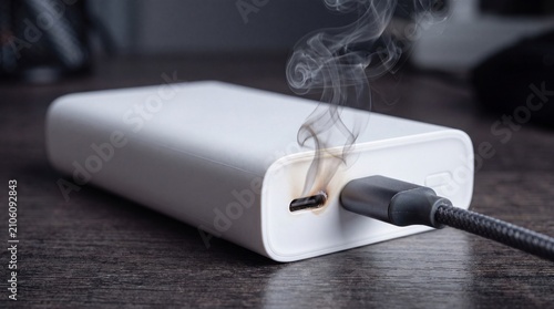 Photos Smoking Power Bank with Overheating Damaged Battery
