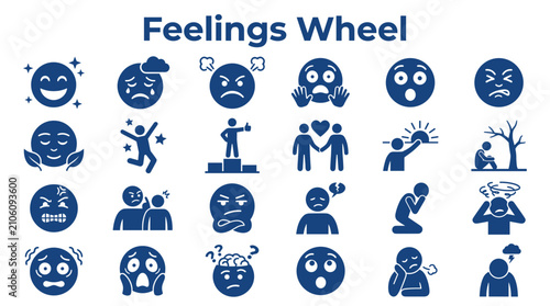 Tableau sur toile Feelings wheel diagram displaying various emotions and social interactions in blue icons on white background, representing emotional intelligence and mental health concepts