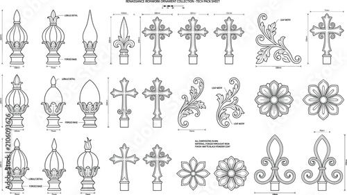 Cuadro en lienzo Renaissance ironwork ornament collection tech pack sheet vector diagram
