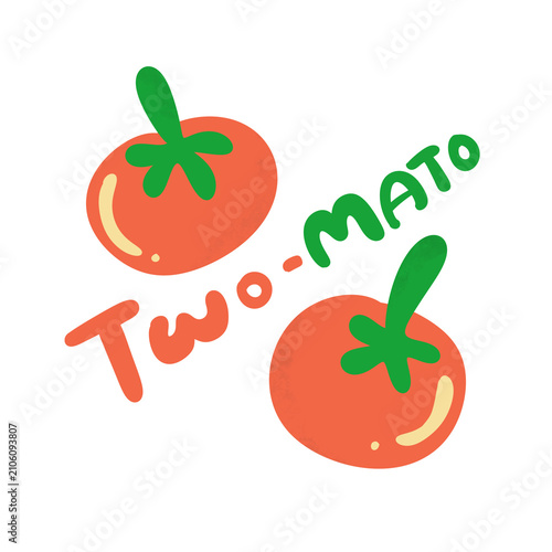 Fotografie Cute two tomatoes illustration with funny wordplay text Two-Mato, hand drawn vector artwork with soft pastel colors isolated on white background