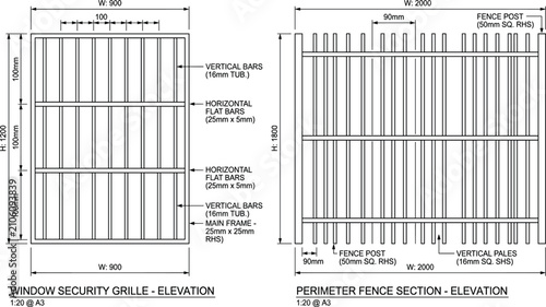 Bild auf Leinwand Window security grille and perimeter fence section elevation technical drawing v