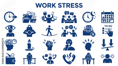 Collection of icons representing work stress and overload concepts, including deadlines, deadlines, multitasking, and mental pressure.