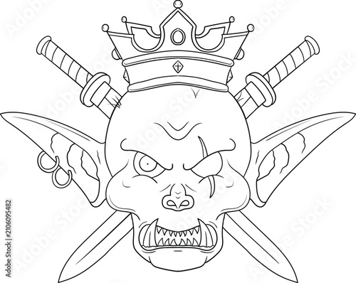 Фотография A menacing goblin kings face adorned with a crown, featuring sharp teeth, pointed ears, and crossed swords behind its head, rendered in a line art style