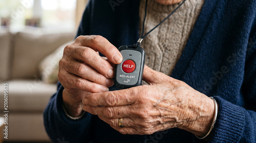 Close up of senior elderly woman hands holding medical alert emergency call button pendant med alert sos device for personal safety health monitoring and assistance at home