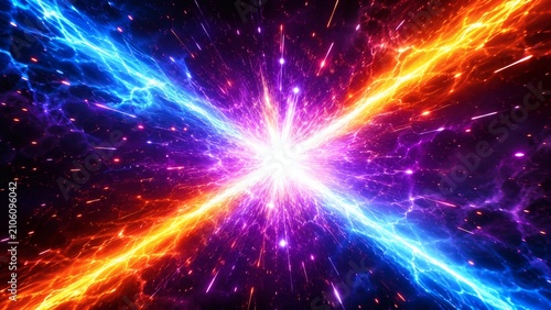 Cosmic Collision of Energy: A spectacular explosion of vibrant blue and fiery orange lightning bolts converges at a central point, creating a powerful.