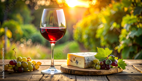 Glass of red wine with artisan cheese and grapes on rustic table in golden sunset vineyard landscape