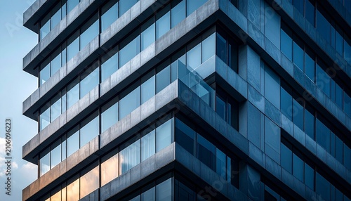 Contemporary Office Building Facade with Textured Architectural Design, Clean Lines, and Beautiful Light and Shadow Composition