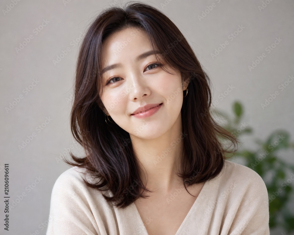 Fototapeta premium Portrait of friendly young Asian woman in her thirties smiling and looking at camera, headshot of one Korean person, generative AI