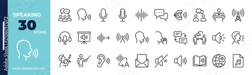 Speaking and Voice Communication Line Icons Set Modern Audio Podcast Microphone and Chat Outline Vector Collection