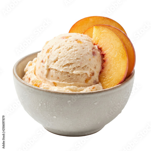 Peach gelato in a bowl. Creamy fruit ice cream scoop with fresh peach slices.