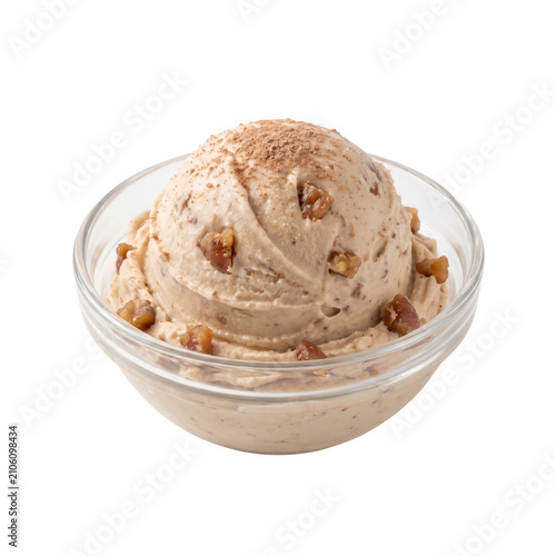 Roasted chestnut gelato scoop in a glass bowl. Creamy nut ice cream dessert isolated on white.