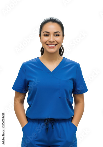 young hispanic female healthcare professional in vibrant royal blue scrubs, smiling confidently against sterile off-white background with smooth bokeh, medium close-up. concept of empathetic medical