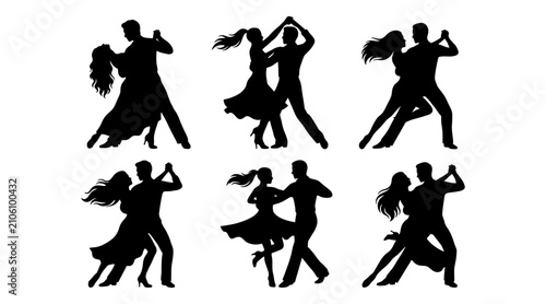 Obraz na płótnie Couple dancing ballroom in elegant poses black and white vector style isolated o