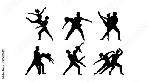Konstfotografi Silhouette illustrations of people dancing and fighting in pairs isolated on tra
