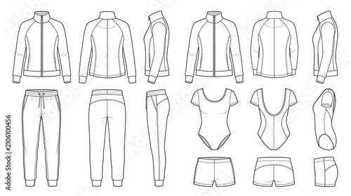 Vector technical flat sketches of sportswear collection including track jackets joggers bodysuits and shorts for apparel design