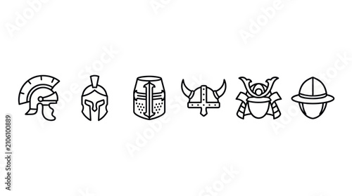 Fotografie Historical warrior helmets and headgear line icons.