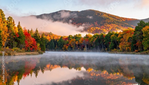 Scenic Sunrise Over a Misty Lake with Brilliant Autumn Forest Colors, Creating a Calm and Dreamlike Nature Landscape Background