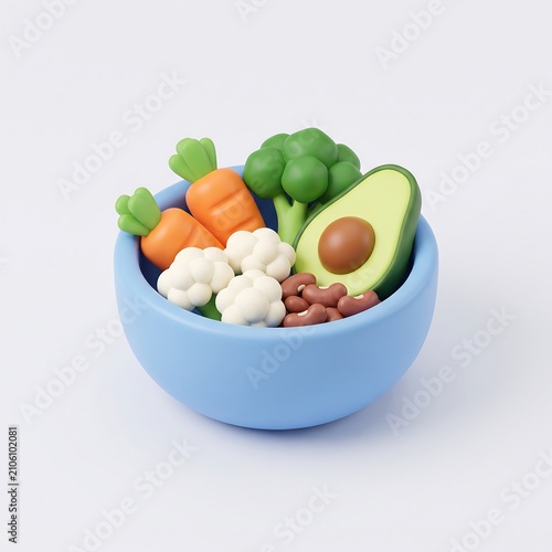 3D icon of a bowl with fresh vegetables and avocado plant based vegetables broccoli cauliflower nutrition
