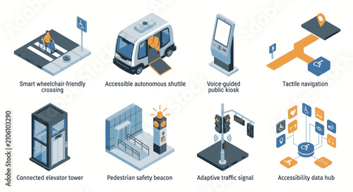 Collection of isometric illustrations showcasing smart city solutions for accessibility and inclusivity.