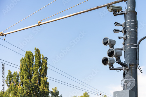 A pole with street cameras for recording traffic violations
