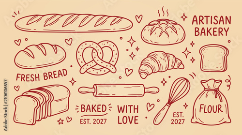 Artisan Bakery Bread and Pastry Doodle Vector Icon Set