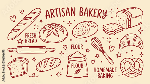 Artisan Bakery Bread and Baking Doodle Vector Icon Collection