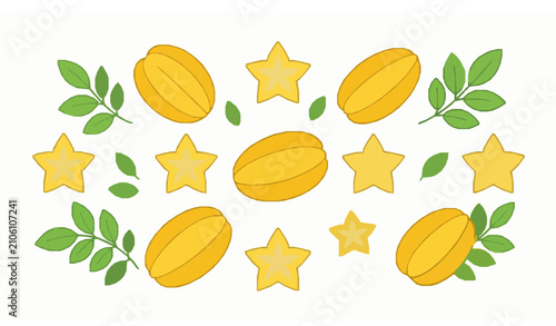Canvastavla Star Shaped Yellow Carambola Fruit Flat Vector Set Isolated on White Background