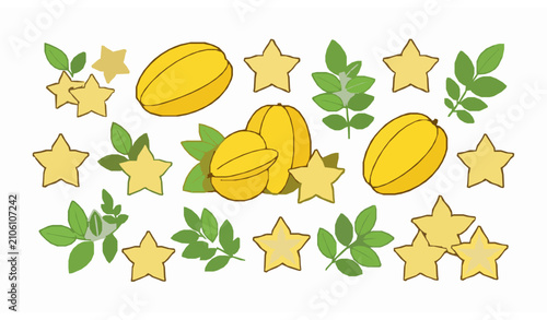 Fotografie Yellow Carambola Star Fruit Vector Collection with Tropical Fruit and Fresh Leav