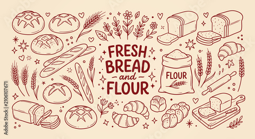 Fresh Bread and Flour Hand Drawn Bakery Doodle Vector Set
