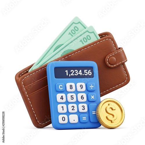 3D icon of a blue calculator placed next to a brown leather wallet filled with green paper money, calculator