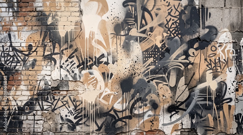 Obraz premium Urban Street Art Graffiti Mural on Brick Wall with Abstract Black and Beige Design