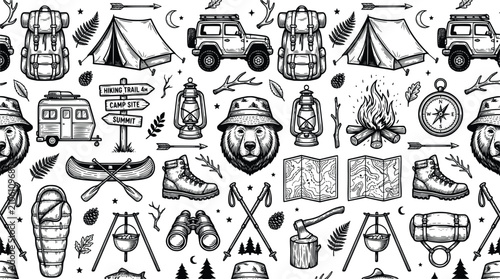 Outdoor adventure icons in a seamless pattern with camping gear vehicles and wildlife elements against a white background