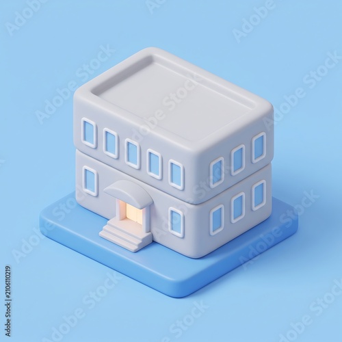Small 3D isometric house model with illuminated doorway on blue background building architecture isometric