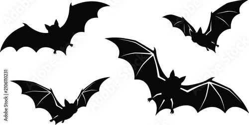 Halloween bat silhouettes set, black flying bats vector icons, spooky nocturnal animal illustrations for gothic party decor and seasonal design
