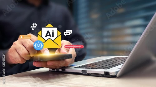 Artificial Intelligence Email Assistant. Person Using AI to Manage Email Inbox. Smart Inbox Automation, Productivity Tools, Generative AI Chatbot, Business Communication, Workflow Automation. 4K Video
